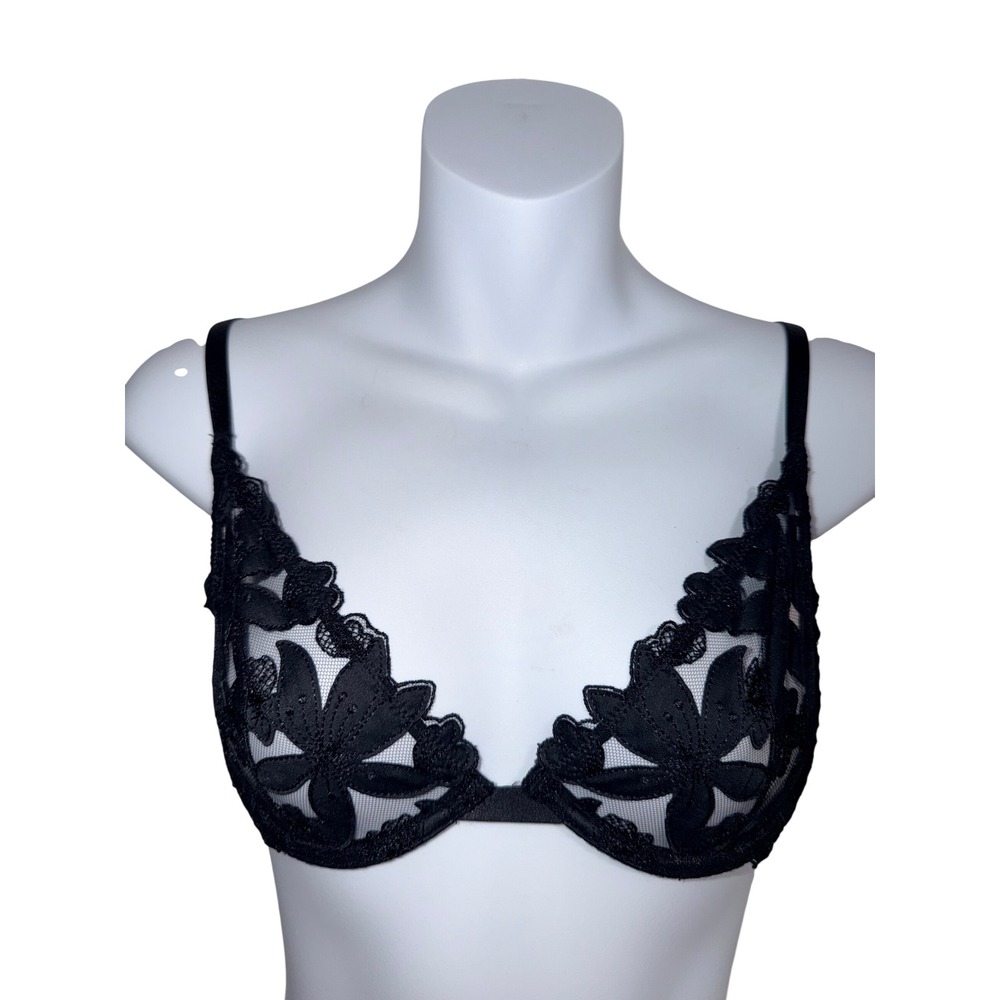 Victoria's Secret Black Floral Embroidered Unlined Plunge Bra 32D Underwire Mesh